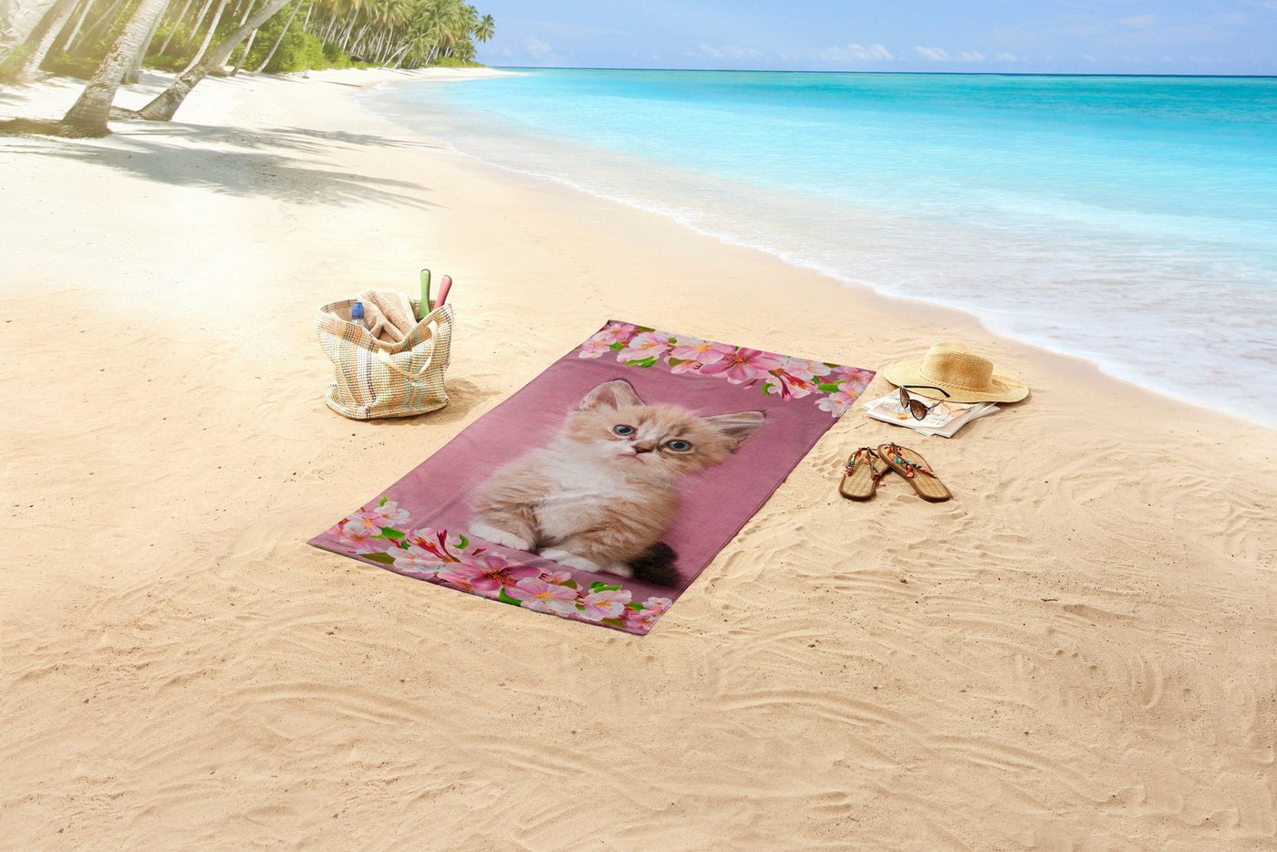 good morning Strandtuch Look, Velours (Packung, 1-St), Mikrofaser, 75x150, Schnelltrocknend, Kind, Mädchen, Katze, Rosa – Bild 2 von 3