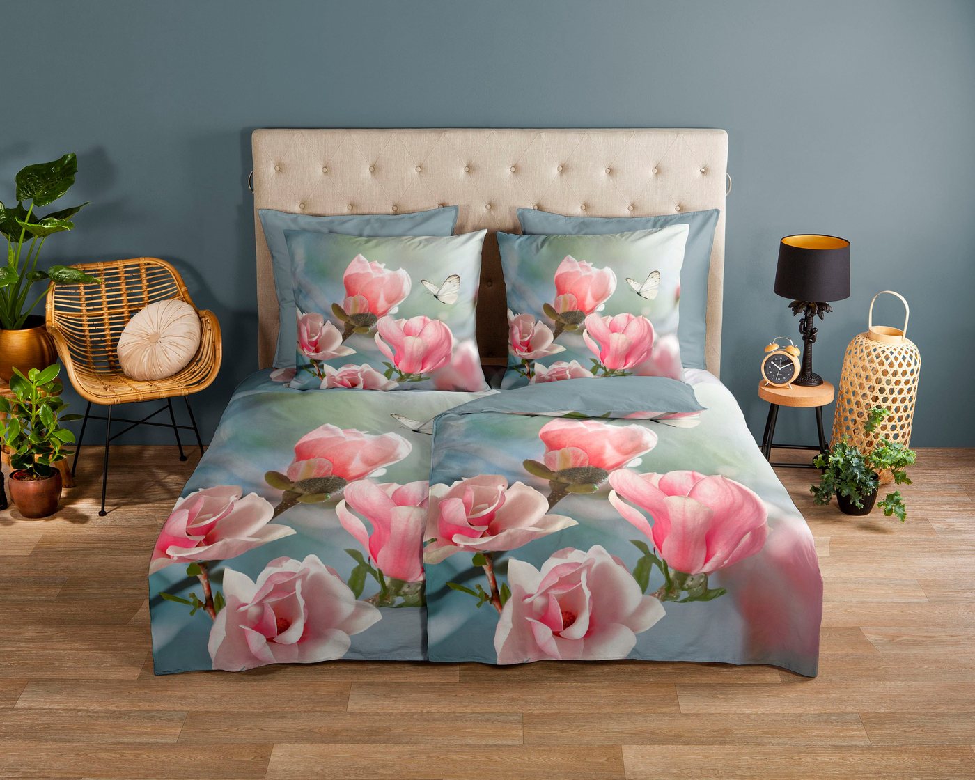 good morning Wendebettwäsche Close, Renforcé, 3 teilig, 100% Baumwolle, 135x200, Reißverschluss, Wendeoptik, Magnolie, Blumen – Bild 2 von 5