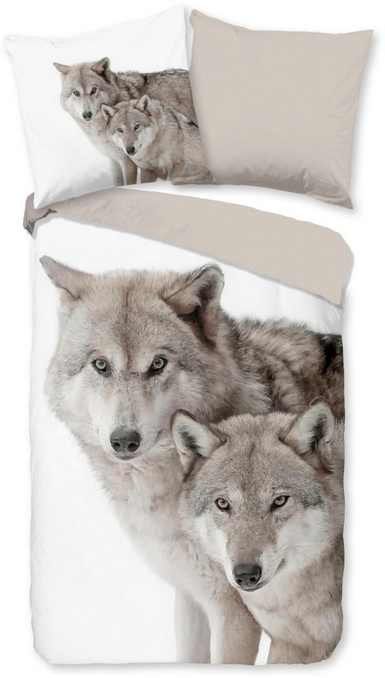 good morning Wendebettwäsche Fera, Biber, Flanell, 2 teilig, Biber, 135x200, Warm, Weich, Wendeoptik, Reißverschluss, Wolf, Sand – Bild 2 von 5
