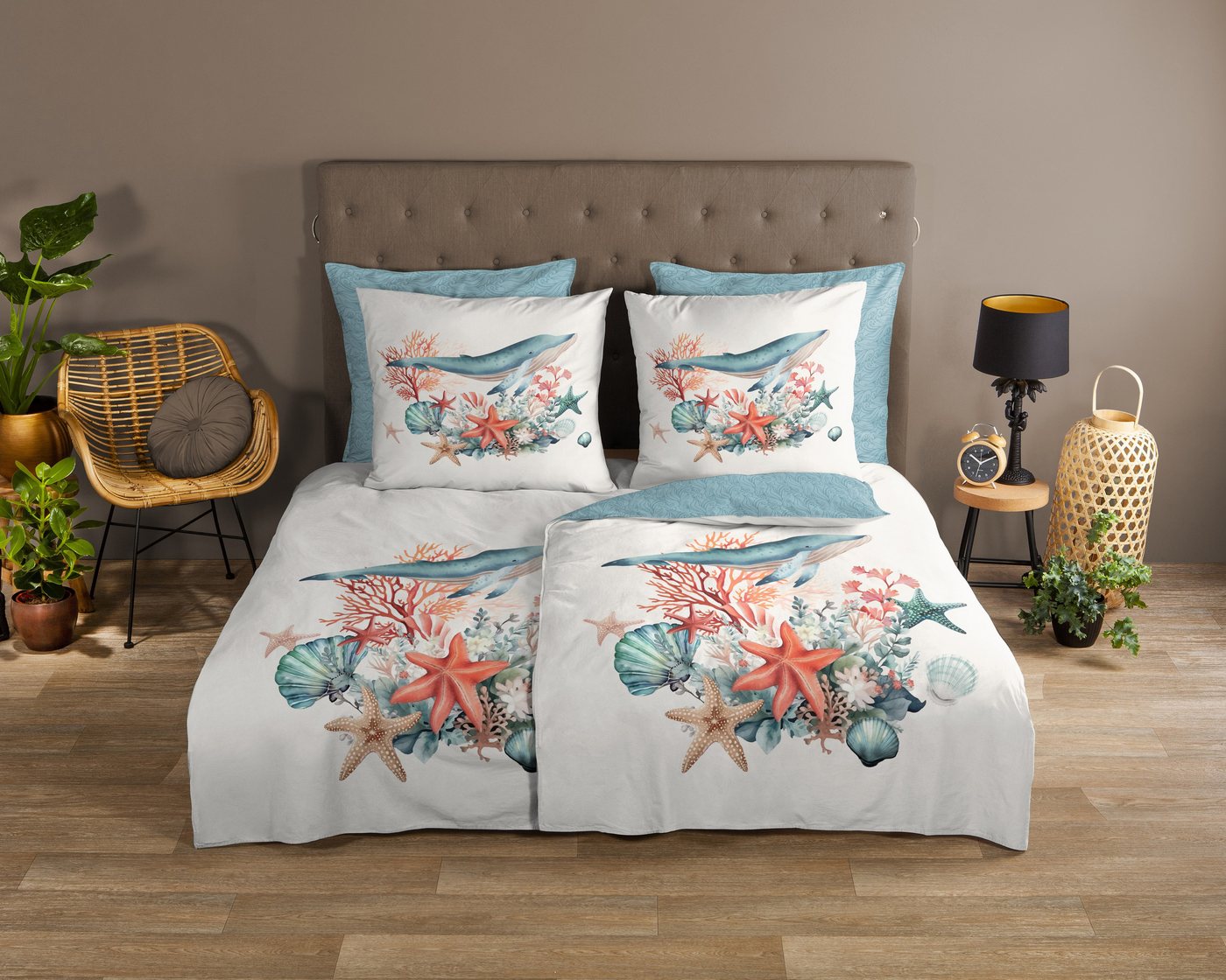 good morning Wendebettwäsche Ocean, Renforcé, 2 teilig, 100% Baumwolle, Reißverschluss, Wendeoptik, Maritim, Meer, Türkis Weiß – Bild 2 von 4