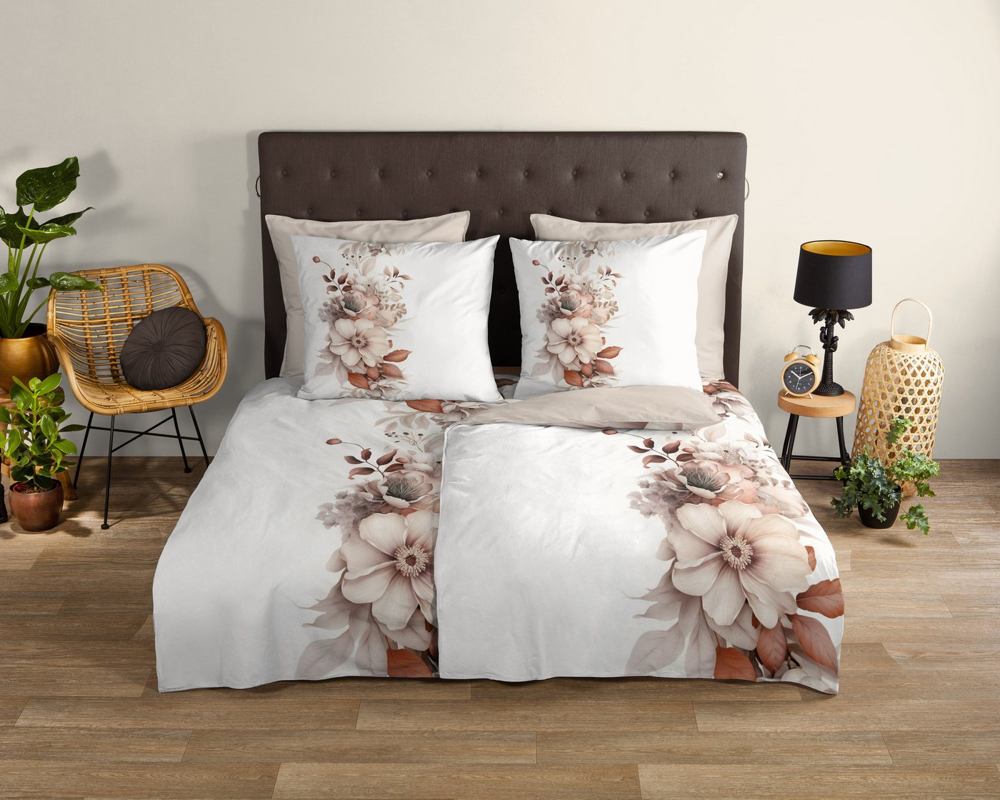 good morning Wendebettwäsche Vester, Renforcé, 2 teilig, 100% Baumwolle, Renforcé, Reißverschluss, Wendeoptik, Blumen, cream – Bild 2 von 5