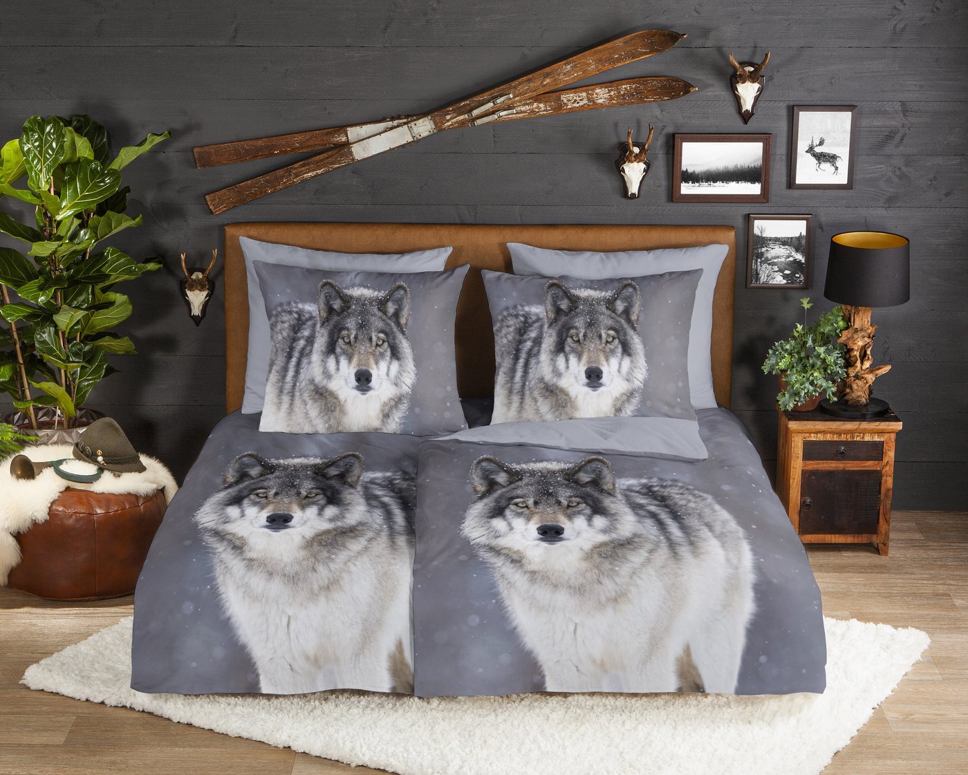 good morning Wendebettwäsche Wolfie, Biber, Flanell, 2 teilig, Flanell, Biber, Winter, Warm, Reißverschluss, Wendeoptik, Wolf, Grau – Bild 2 von 4