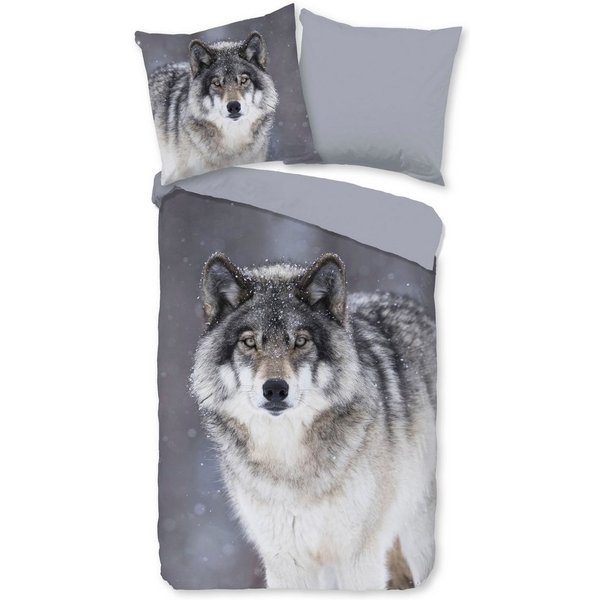 good morning Wendebettwäsche Wolfie, Biber, Flanell, 2 teilig, Flanell, Biber, Winter, Warm, Reißverschluss, Wendeoptik, Wolf, Grau