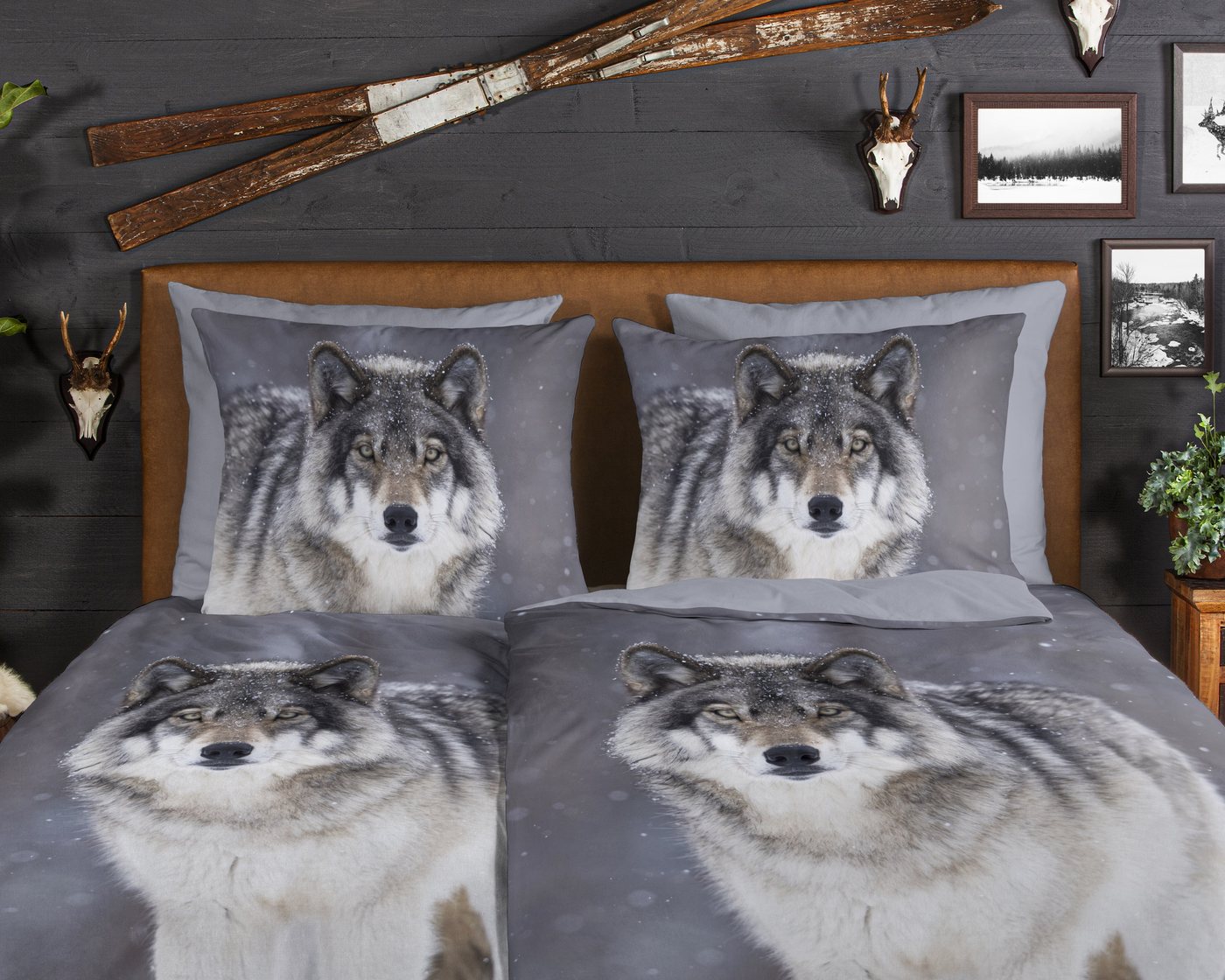 good morning Wendebettwäsche Wolfie, Biber, Flanell, 2 teilig, Flanell, Biber, Winter, Warm, Reißverschluss, Wendeoptik, Wolf, Grau – Bild 3 von 4