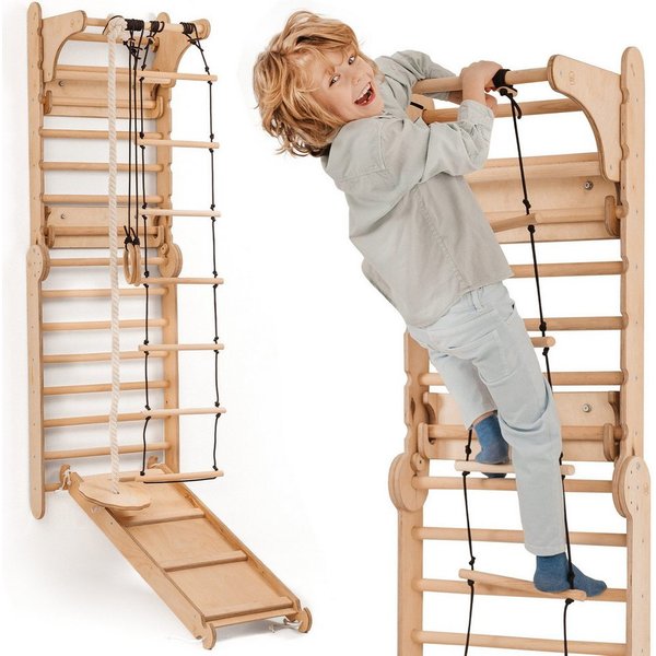 Goodevas Klettergerüst Multifunktionale Schwedenwand & Klettergerüst für Kinder, (Holz Schwedenwand & Rutschensatz – Vielseitiges Indoor Kletterdreieck Set mit 