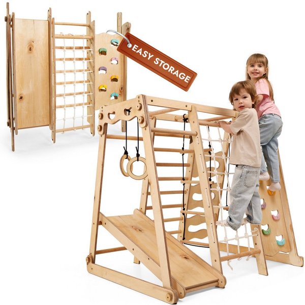 Goodevas Klettergerüst Multifunktionale Schwedenwand & Klettergerüst für Kinder, (Holz-Spielplatz mit Kletterbrett, Kletterseil, Kletterwand, Holzleiter, Rutsch