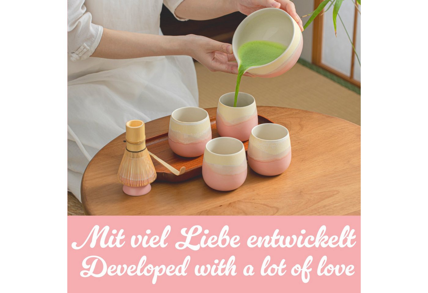 Goodwei Teeglas Japanisches Teebecher Set "Fuji Pink", modernes Design, 4-tlg., Keramik – Bild 4 von 5