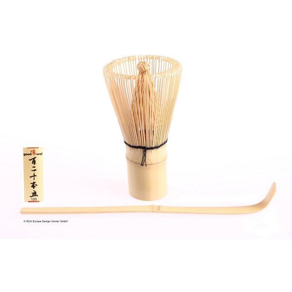 Goodwei Teelöffel Set Matcha-Löffel & -Besen, weiß,120 Borsten (2 Stück), Handgefertigt