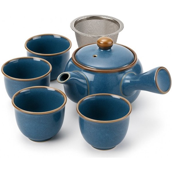 Goodwei Teeservice Japanisches Kyusu Teeset „Umi“ – Seitengriffkanne mit Sieb, 4 Tassen (5-tlg), 1 Personen, Keramik, handgearbeitet