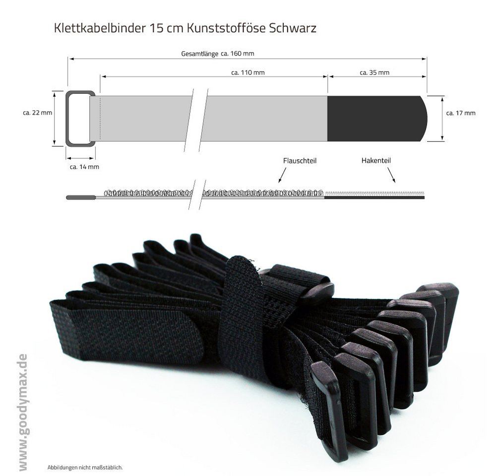Goodymax Kabelbinder 10 Stück Klettkabelbinder Kunststofföse 15, 20, 30, 40 cm (15 cm Länge Schwarz, 10 Stück, Haken und Flausch auf GLEICHEN SEITEN) wiederverw – Bild 3 von 5