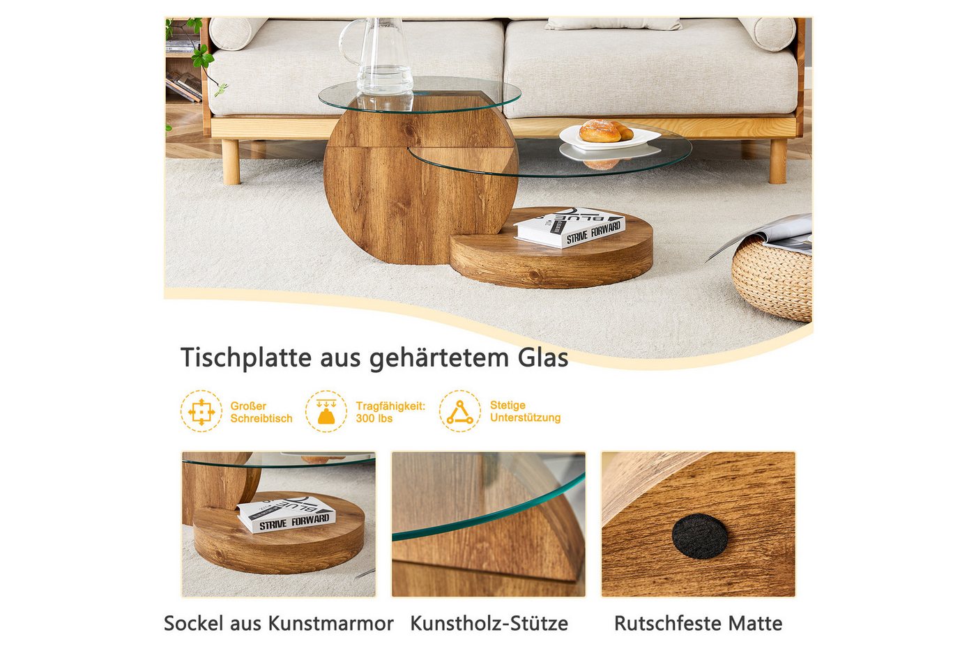 gopop Couchtisch 2er Set, Rundes Glas-Beistelltisch Wohnzimmertisch mit Stauraum, 6 mm Hartglasplatten, MDF-Basis, 90x70 cm – Bild 4 von 5