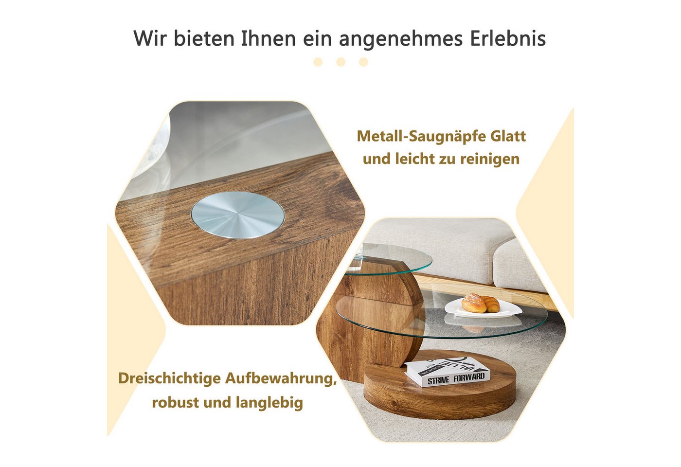 gopop Couchtisch 2er Set, Rundes Glas-Beistelltisch Wohnzimmertisch mit Stauraum, 6 mm Hartglasplatten, MDF-Basis, 90x70 cm – Bild 5 von 5