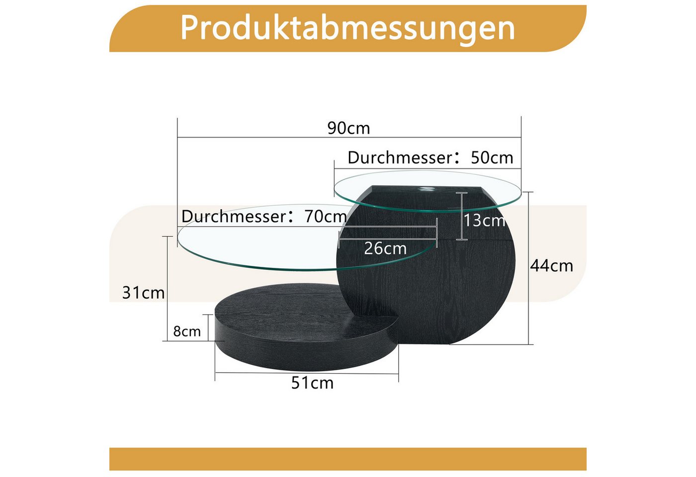 gopop Couchtisch 2er Set, Rundes Glas-Beistelltisch Wohnzimmertisch mit Stauraum, 6 mm Hartglasplatten, MDF-Basis, 90x70 cm – Bild 2 von 5