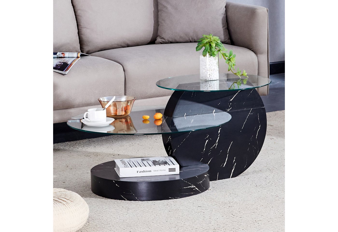 gopop Couchtisch 2er Set, Rundes Glas-Beistelltisch Wohnzimmertisch mit Stauraum, 6 mm Hartglasplatten, MDF-Basis, 90x70 cm – Bild 3 von 5