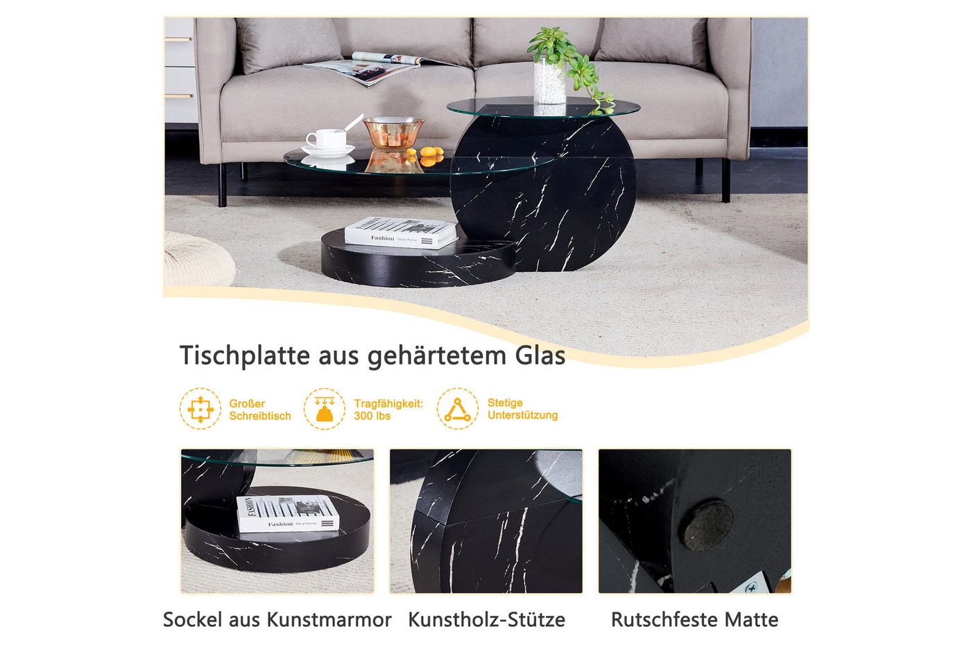 gopop Couchtisch 2er Set, Rundes Glas-Beistelltisch Wohnzimmertisch mit Stauraum, 6 mm Hartglasplatten, MDF-Basis, 90x70 cm – Bild 4 von 5
