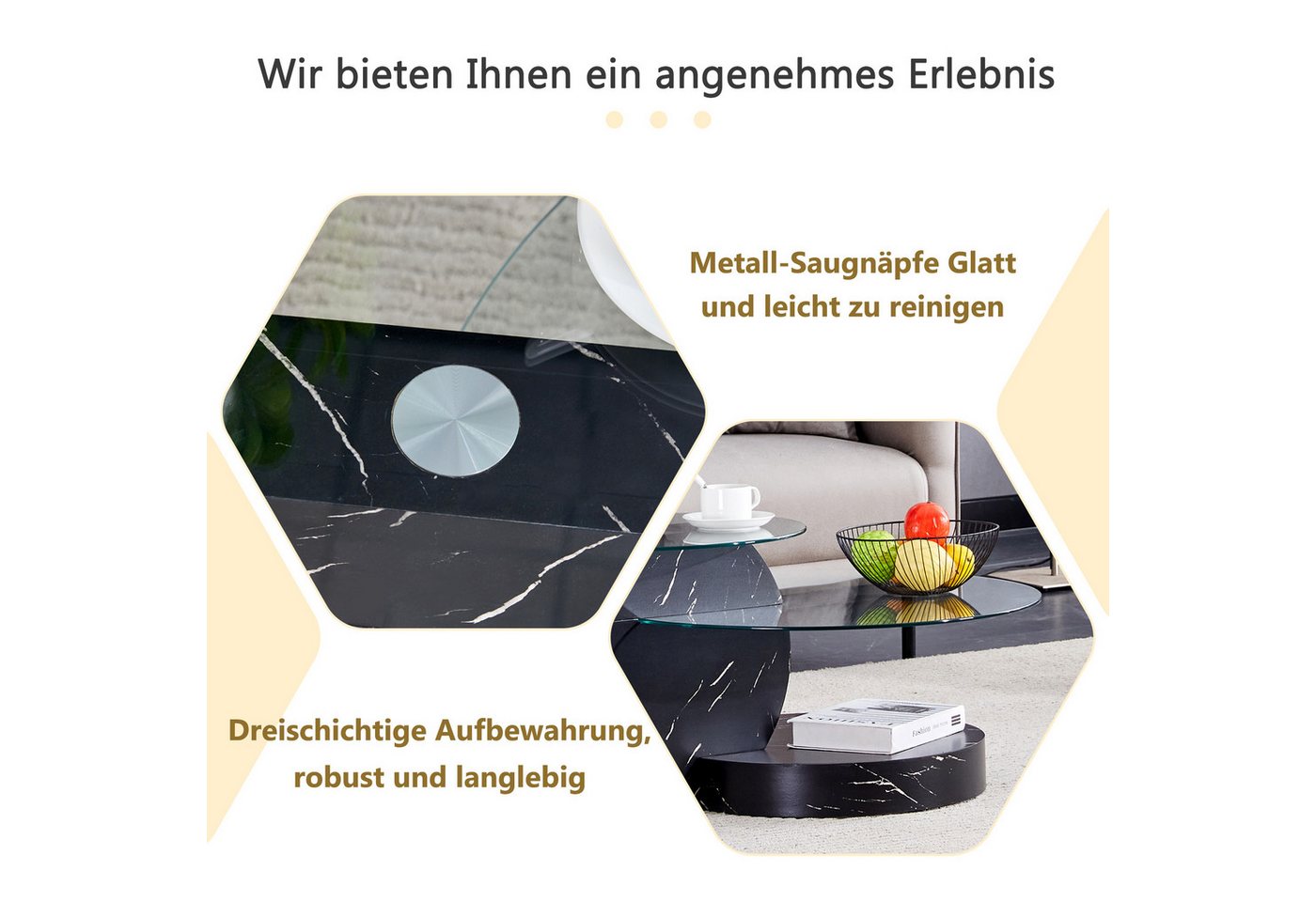 gopop Couchtisch 2er Set, Rundes Glas-Beistelltisch Wohnzimmertisch mit Stauraum, 6 mm Hartglasplatten, MDF-Basis, 90x70 cm – Bild 5 von 5