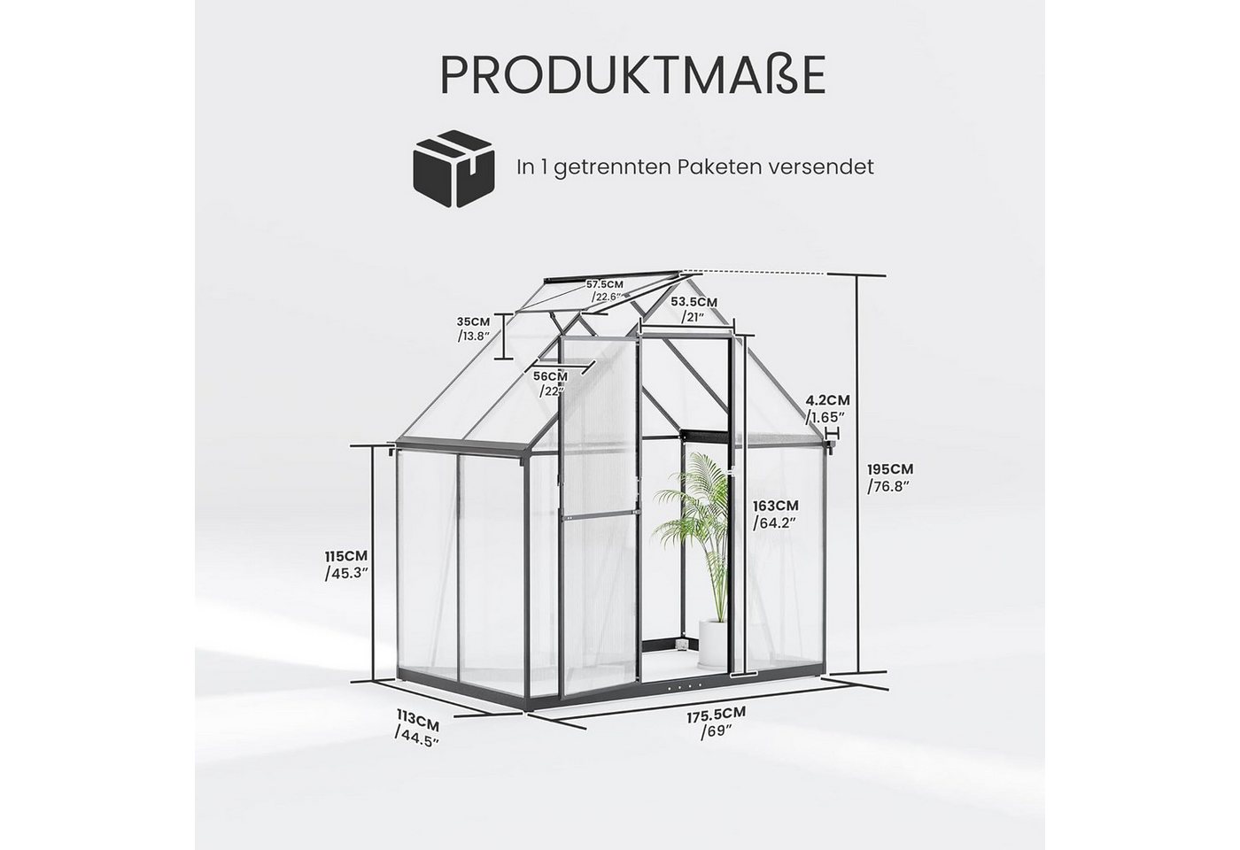 GOTLAND Gewächshaus Polycarbonat Gewächshaus mit abschließbarer Tür, Satteldach, mit Lüftungsfenster & Regenrinnen, Wetterfest für Terrasse & Garten – Bild 2 von 5