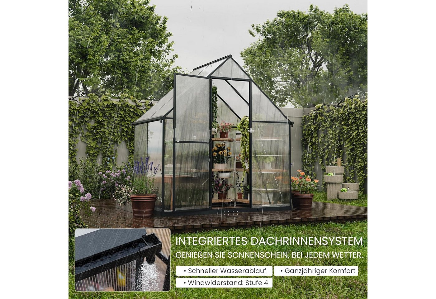 GOTLAND Gewächshaus Polycarbonat Gewächshaus mit abschließbarer Tür, Satteldach, mit Lüftungsfenster & Regenrinnen, Wetterfest für Terrasse & Garten – Bild 4 von 5