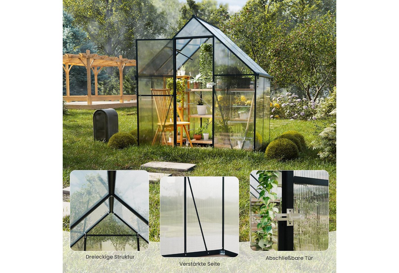 GOTLAND Gewächshaus Polycarbonat Gewächshaus mit abschließbarer Tür, Satteldach, mit Lüftungsfenster & Regenrinnen, Wetterfest für Terrasse & Garten – Bild 5 von 5