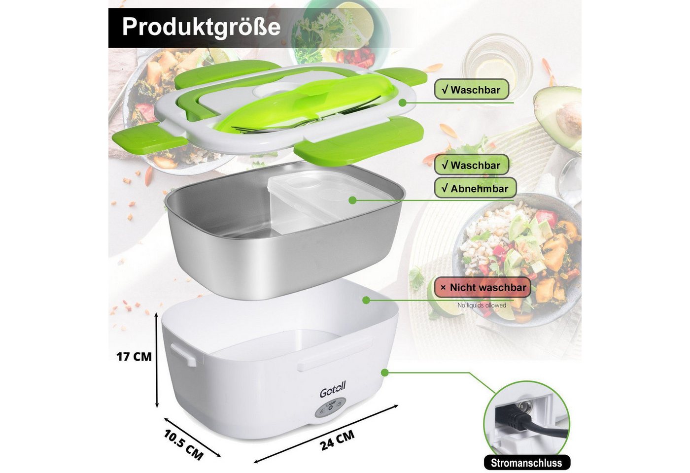 Gotoll Elektrische Lunchbox 1,95L Elektrische Lunchbox Brotdose 110V-220V für Auto & Zuhause, Edelstahl, (60W Schnellheizung, Edelstahl‑Innenbehälter), Elektris – Bild 3 von 5