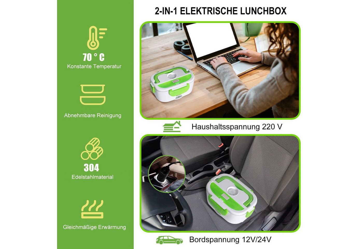 Gotoll Elektrische Lunchbox 1,95L Elektrische Lunchbox Brotdose 110V-220V für Auto & Zuhause, Edelstahl, (60W Schnellheizung, Edelstahl‑Innenbehälter), Elektris – Bild 4 von 5