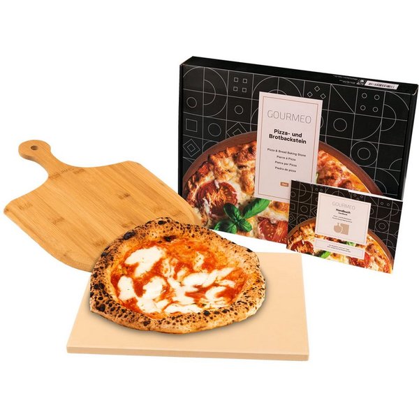 GOURMEO Backstein Pizzastein Set 38x30 cm mit Bambus-Schaufel für Ofen & Grill
