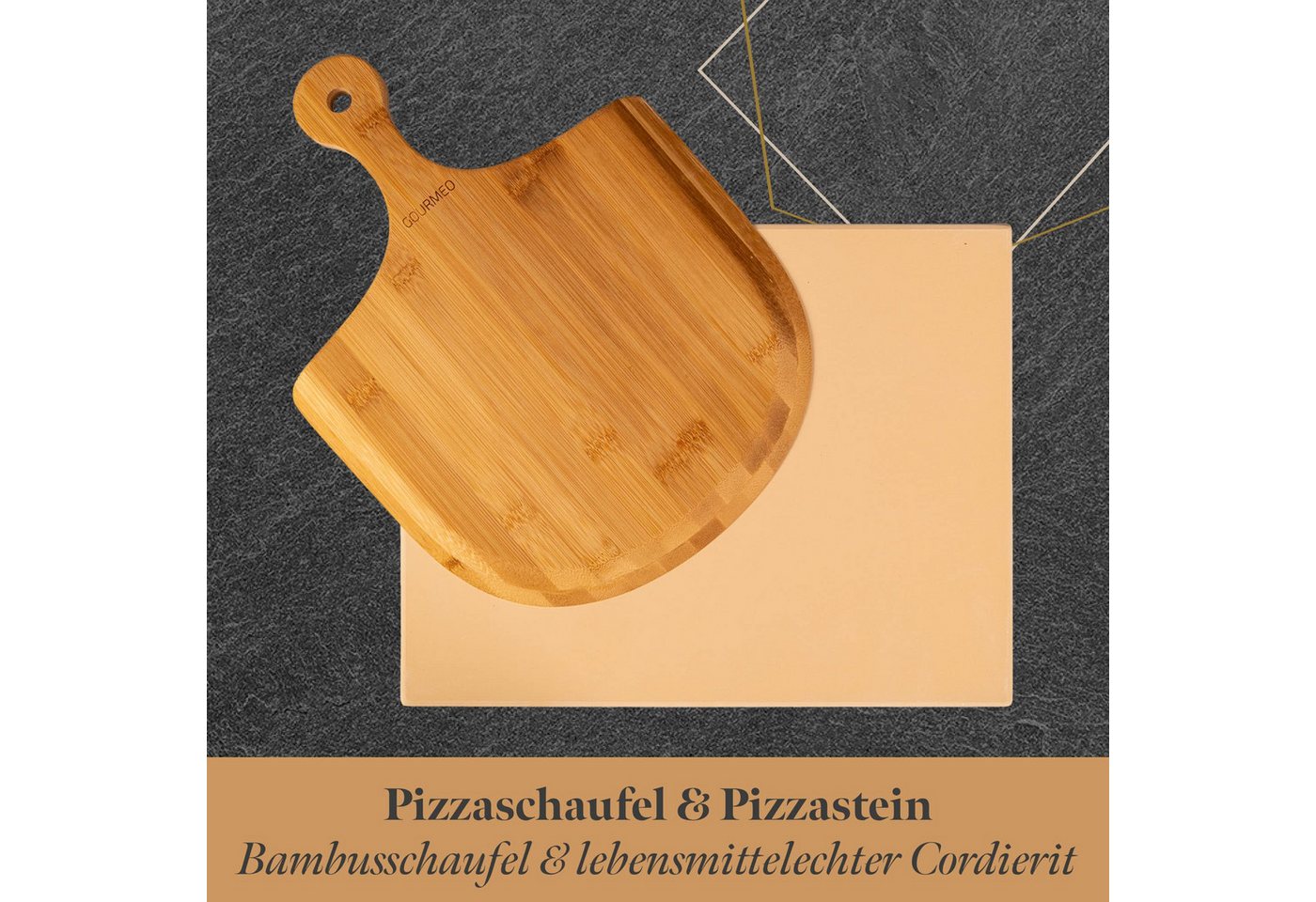 GOURMEO Backstein Pizzastein Set 38x30 cm mit Bambus-Schaufel für Ofen & Grill – Bild 2 von 5