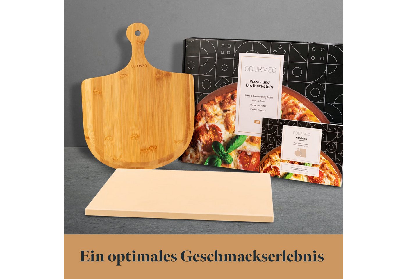 GOURMEO Backstein Pizzastein Set 38x30 cm mit Bambus-Schaufel für Ofen & Grill – Bild 5 von 5