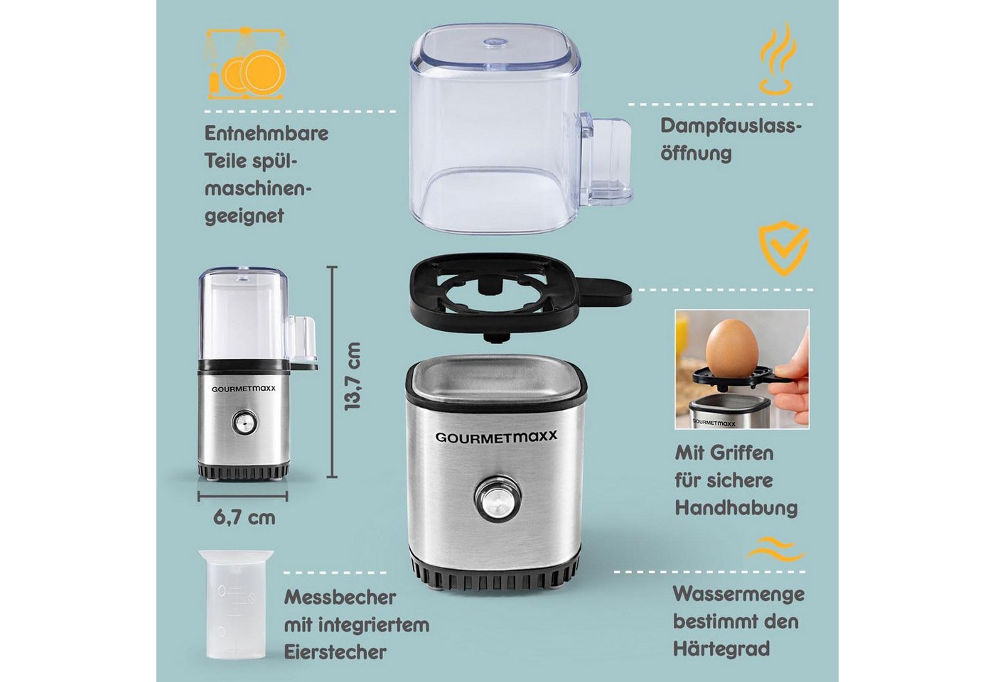 GOURMETmaxx Eierkocher Elektrischer Design Eier Kocher, Anzahl Eier: 1 St., 3 Härtegrade inkl. Messbecher und Eipicker – Bild 2 von 5