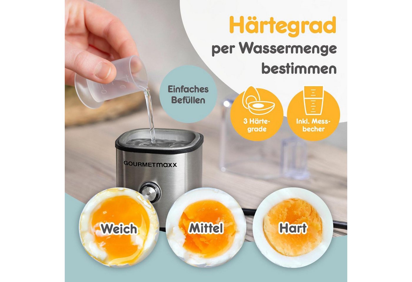 GOURMETmaxx Eierkocher Elektrischer Design Eier Kocher, Anzahl Eier: 1 St., 3 Härtegrade inkl. Messbecher und Eipicker – Bild 4 von 5