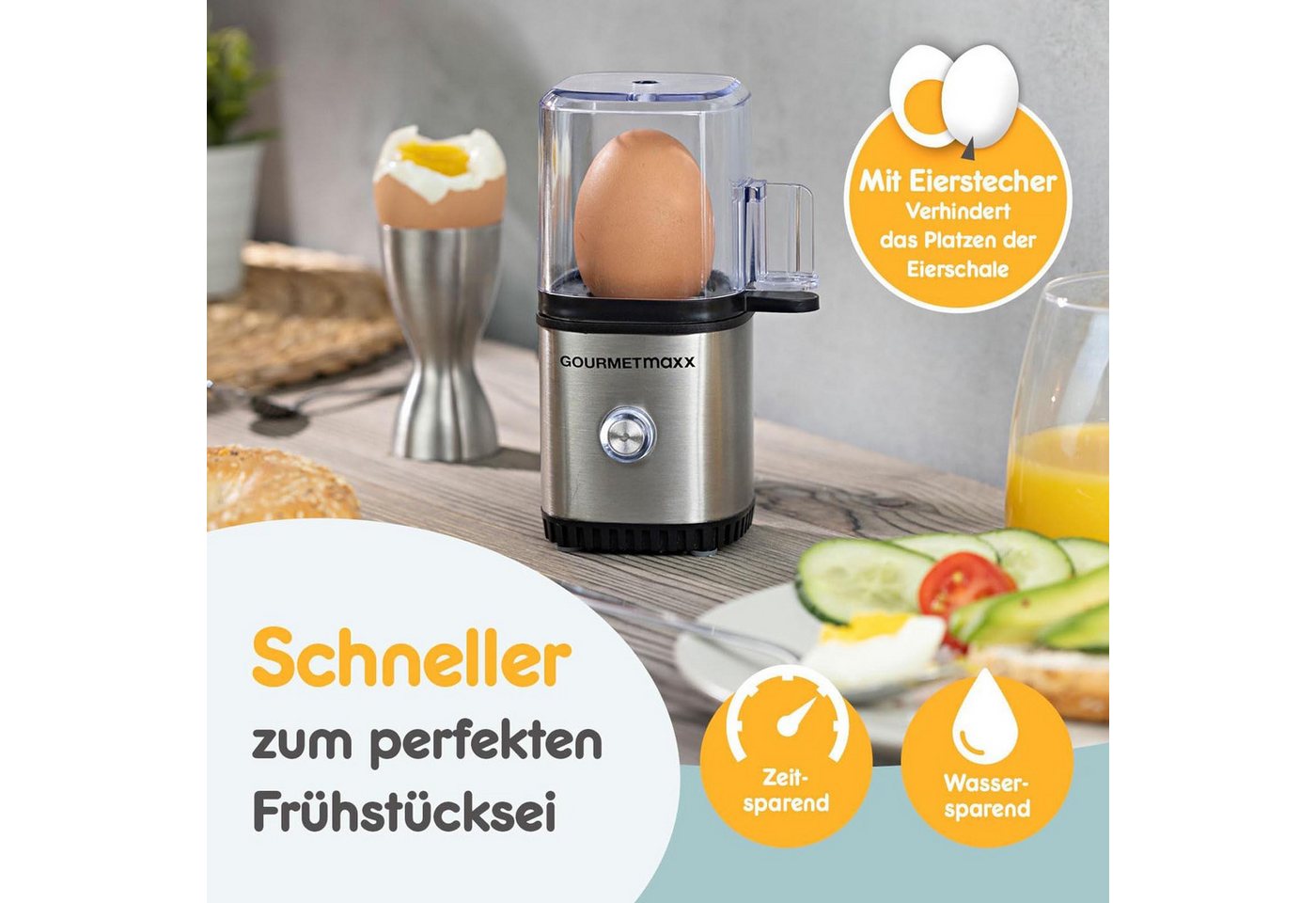 GOURMETmaxx Eierkocher Elektrischer Design Eier Kocher, Anzahl Eier: 1 St., 3 Härtegrade inkl. Messbecher und Eipicker – Bild 5 von 5