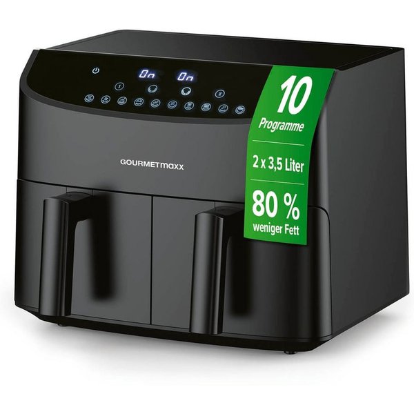 GOURMETmaxx Heißluftfritteuse Doppelkammer-Heißluftfritteuse 2x 3,5L, Airfryer, 2400 W, Pommes & Nuggets fettarm zubereiten 2400 Watt 9 Funktionen bis 230°