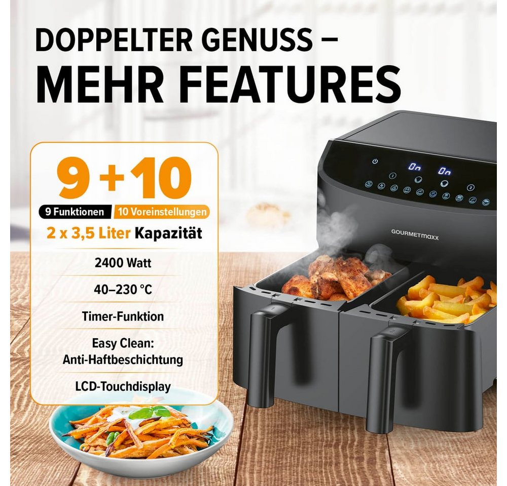 GOURMETmaxx Heißluftfritteuse Doppelkammer-Heißluftfritteuse 2x 3,5L, Airfryer, 2400 W, Pommes & Nuggets fettarm zubereiten 2400 Watt 9 Funktionen bis 230° – Bild 2 von 5