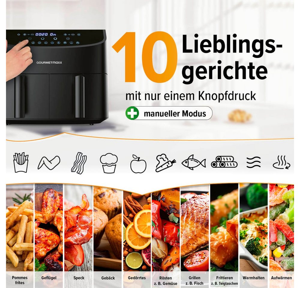 GOURMETmaxx Heißluftfritteuse Doppelkammer-Heißluftfritteuse 2x 3,5L, Airfryer, 2400 W, Pommes & Nuggets fettarm zubereiten 2400 Watt 9 Funktionen bis 230° – Bild 3 von 5