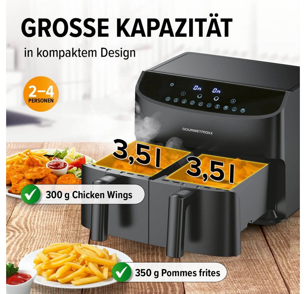 GOURMETmaxx Heißluftfritteuse Doppelkammer-Heißluftfritteuse 2x 3,5L, Airfryer, 2400 W, Pommes & Nuggets fettarm zubereiten 2400 Watt 9 Funktionen bis 230° – Bild 4 von 5
