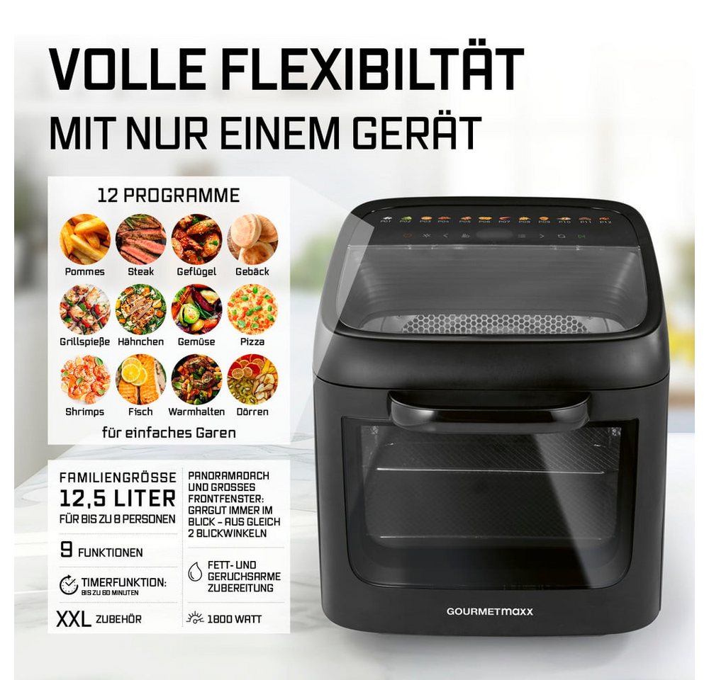 GOURMETmaxx Heißluftfritteuse Heißluftofen mit Panoramadach & Frontfenster, 1800 W, Airfryer, 12,5 l - 12 Programme – Bild 2 von 5