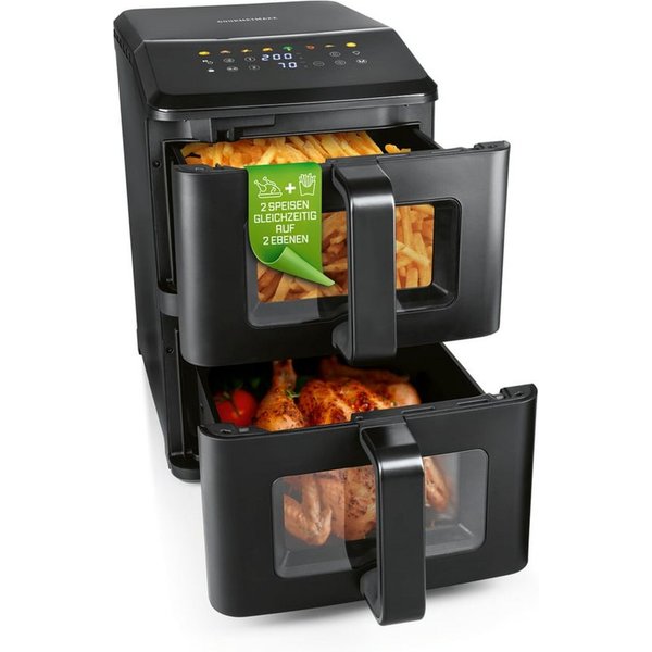 GOURMETmaxx Heißluftfritteuse Vertikale Doppelkammer-Heißluftfritteuse - 10 L - LED-Touchdisplay, 2400 W, GOURMETmaxx FryUp Vertikale Doppelkammer-Heißluftfritt