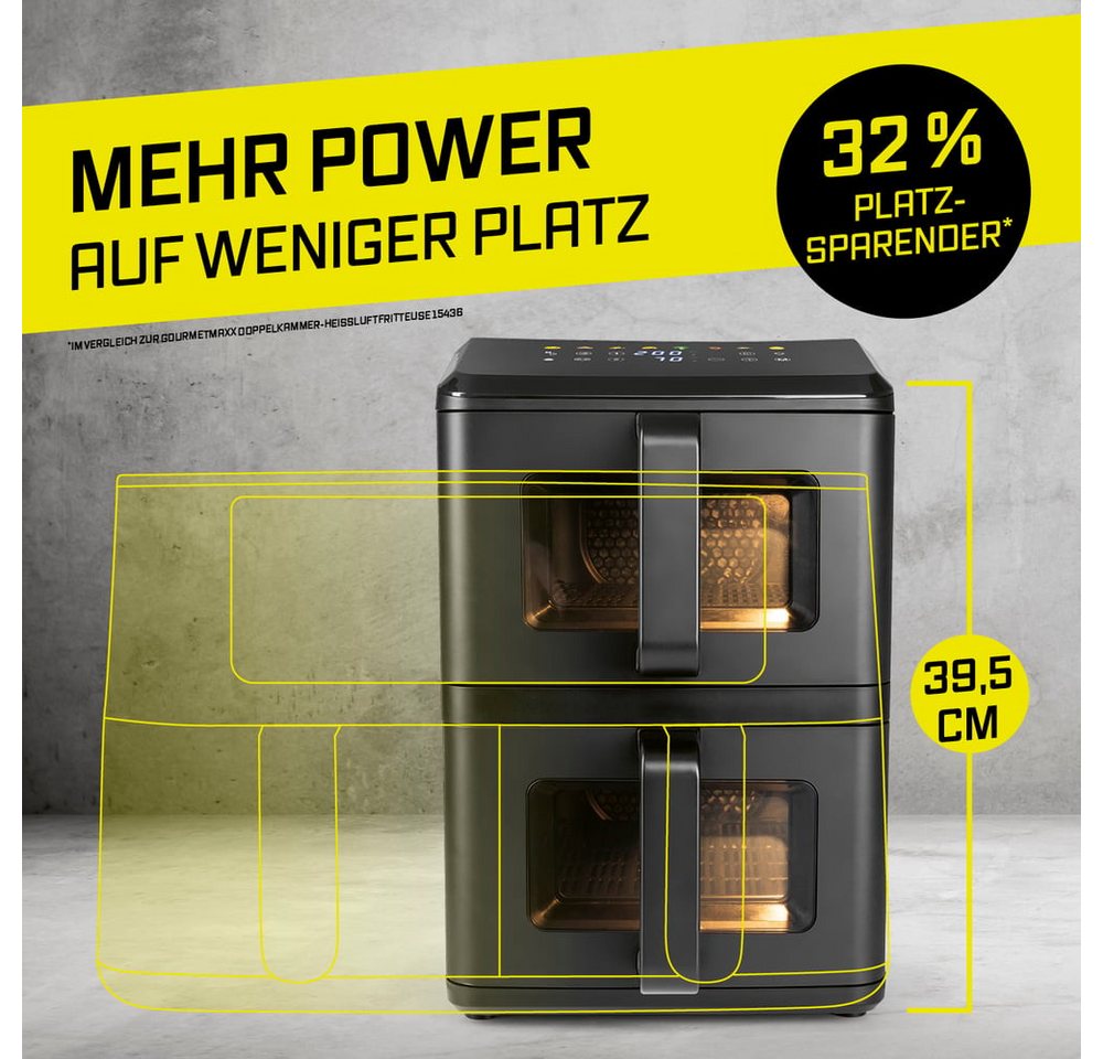 GOURMETmaxx Heißluftfritteuse Vertikale Doppelkammer-Heißluftfritteuse - 10 L - LED-Touchdisplay, 2400 W, GOURMETmaxx FryUp Vertikale Doppelkammer-Heißluftfritt – Bild 2 von 5