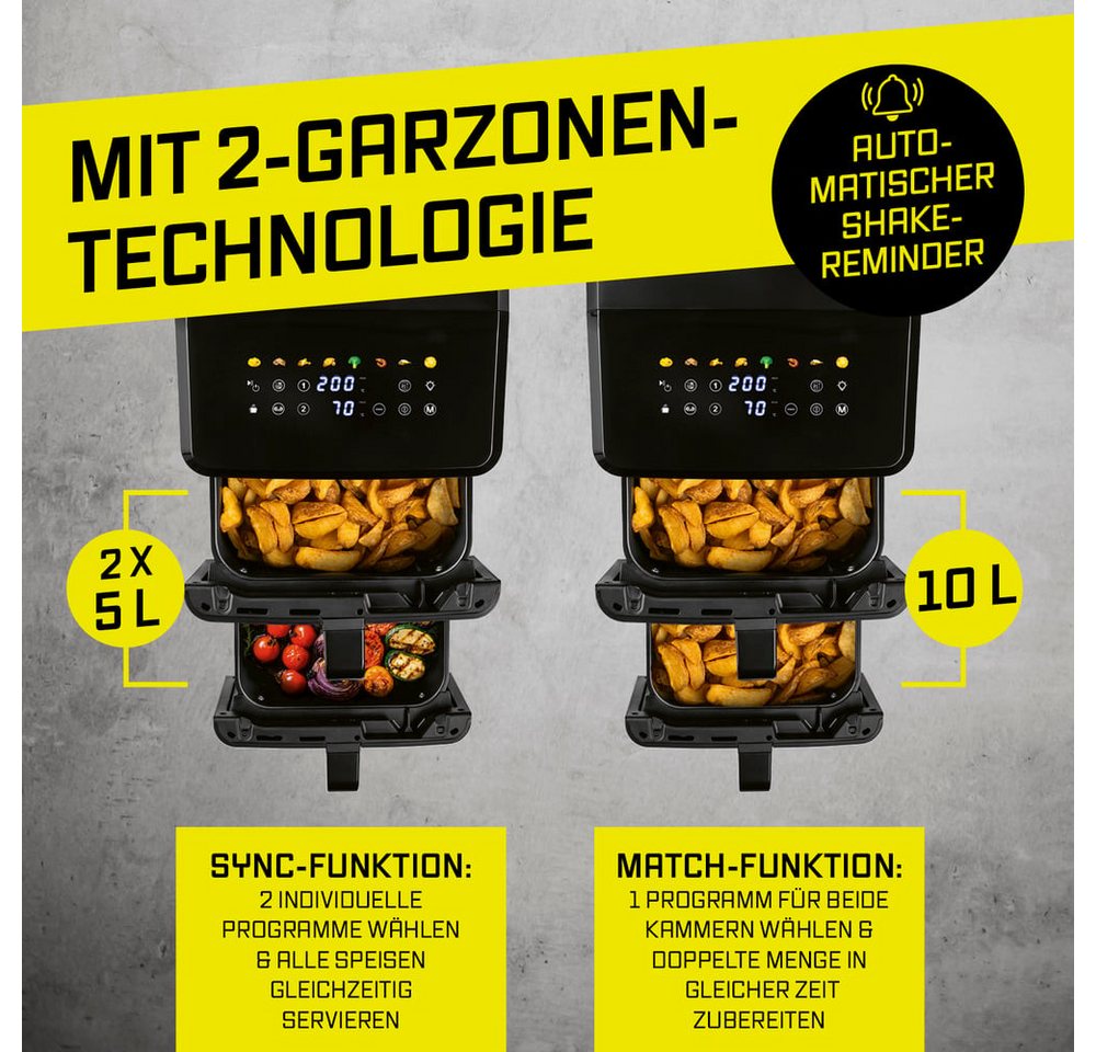 GOURMETmaxx Heißluftfritteuse Vertikale Doppelkammer-Heißluftfritteuse - 10 L - LED-Touchdisplay, 2400 W, GOURMETmaxx FryUp Vertikale Doppelkammer-Heißluftfritt – Bild 3 von 5