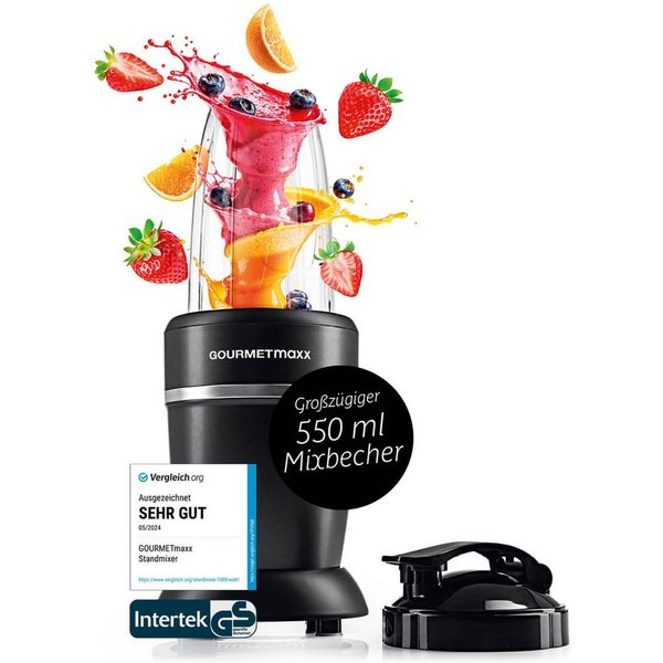 GOURMETmaxx Standmixer Mixer Becher 500ml 3-tlg. 1000W schwarz/Edelstahl, 1000 W, Shakes Smoothies Cocktails Dips Pesto pürieren zerkleinern mahlen