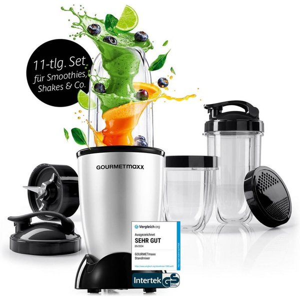 GOURMETmaxx Standmixer Mixer Mr. Magic 10-tlg. 400W silber/schwarz, 400 W, inkl. Zubehör-Set L rot Speisen Smoothies Getränke 3 Mixbecher To-Go