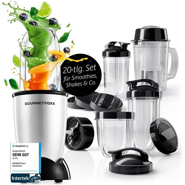 GOURMETmaxx Standmixer Mixer Mr. Magic 19-tlg. 400W silber/schwarz, 400 W, inkl. Zubehör-Set L rot Speisen Smoothies Getränke 4 Mixbecher To-Go