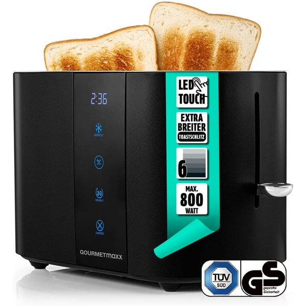 GOURMETmaxx Toaster Toaster 2 Scheiben Kurzschlitz mit Touch-Display, 800 W, 800W schwarz, 6 Bräunungsgrade, Touchscreen, Brötchenaufsatz