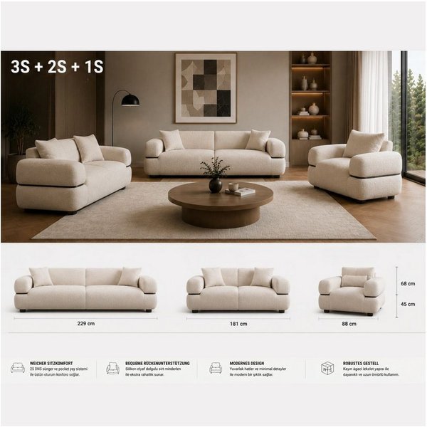 gowoll Sofa Polstergarnitur 3-2-1 (3 Sitzer Sofa + 2 Sitzer Sofa + Sessel), 3 Sitzer mit Relaxfunktion Wohnzimmer Möbel
