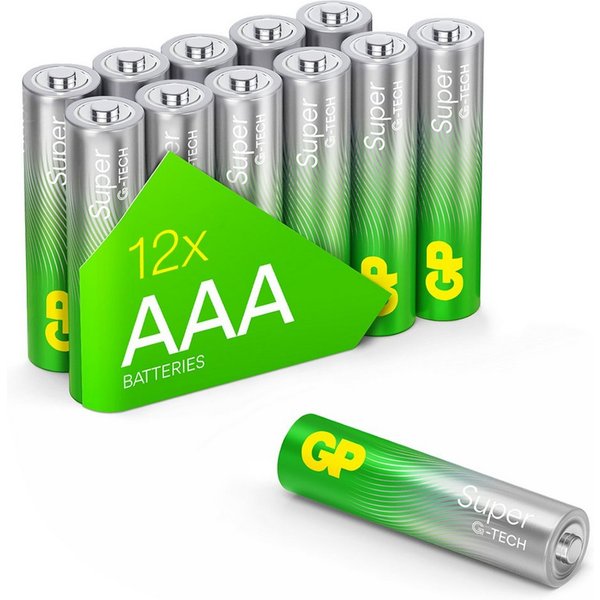 GP Batteries 12x Super Alkaline Batterien AAA Micro LR03 Batterie, (1,5 V, 12 St), 12 Stück LR3 1,5V Batterie Box Alternative MN2400 24A MX2400 E92 EN92