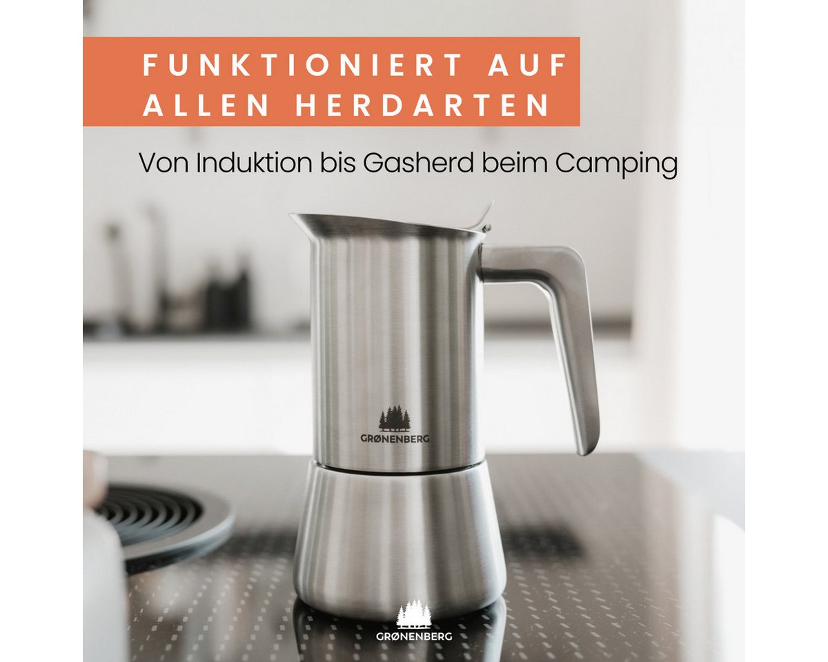 GRØNENBERG Espressokocher Edelstahl, Induktion geeignet, 4 o. 6 Tassen, 0.2l Kaffeekanne, Inkl. Ersatzdichtung & Reduziersieb, Espressokanne Aluminiumfrei & unb – Bild 2 von 5