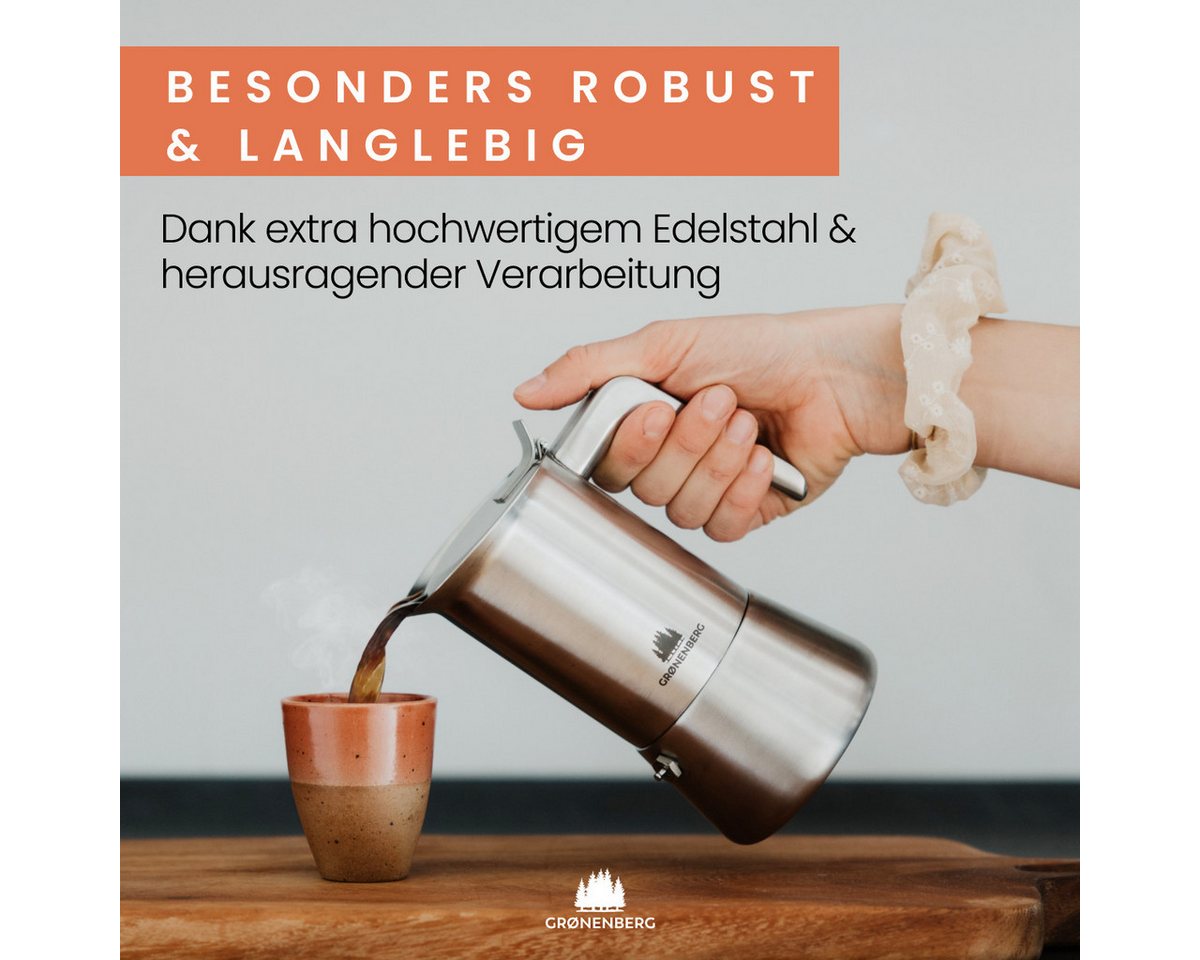 GRØNENBERG Espressokocher Edelstahl, Induktion geeignet, 4 o. 6 Tassen, 0.2l Kaffeekanne, Inkl. Ersatzdichtung & Reduziersieb, Espressokanne Aluminiumfrei & unb – Bild 3 von 5