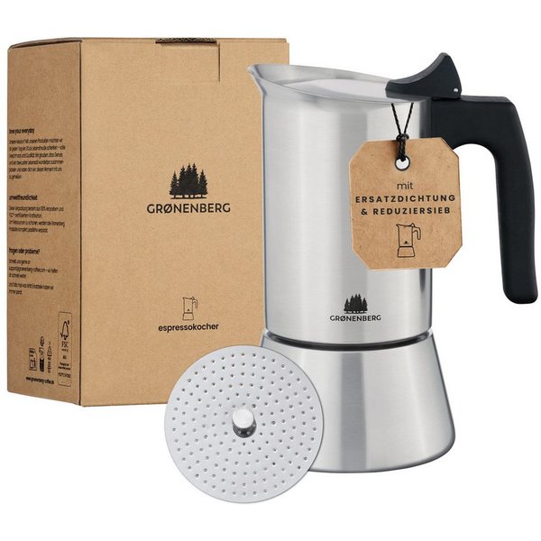 GRØNENBERG Espressokocher Induktion geeignet, Edelstahl, 4 o. 6 Tassen, 0,2l Kaffeekanne, Inkl. Reduziersieb & Ersatzdichtung, Espressokanne Aluminiumfrei & unb