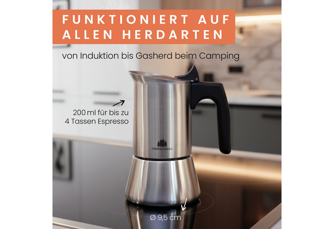 GRØNENBERG Espressokocher Induktion geeignet, Edelstahl, 4 o. 6 Tassen, 0,2l Kaffeekanne, Inkl. Reduziersieb & Ersatzdichtung, Espressokanne Aluminiumfrei & unb – Bild 3 von 5