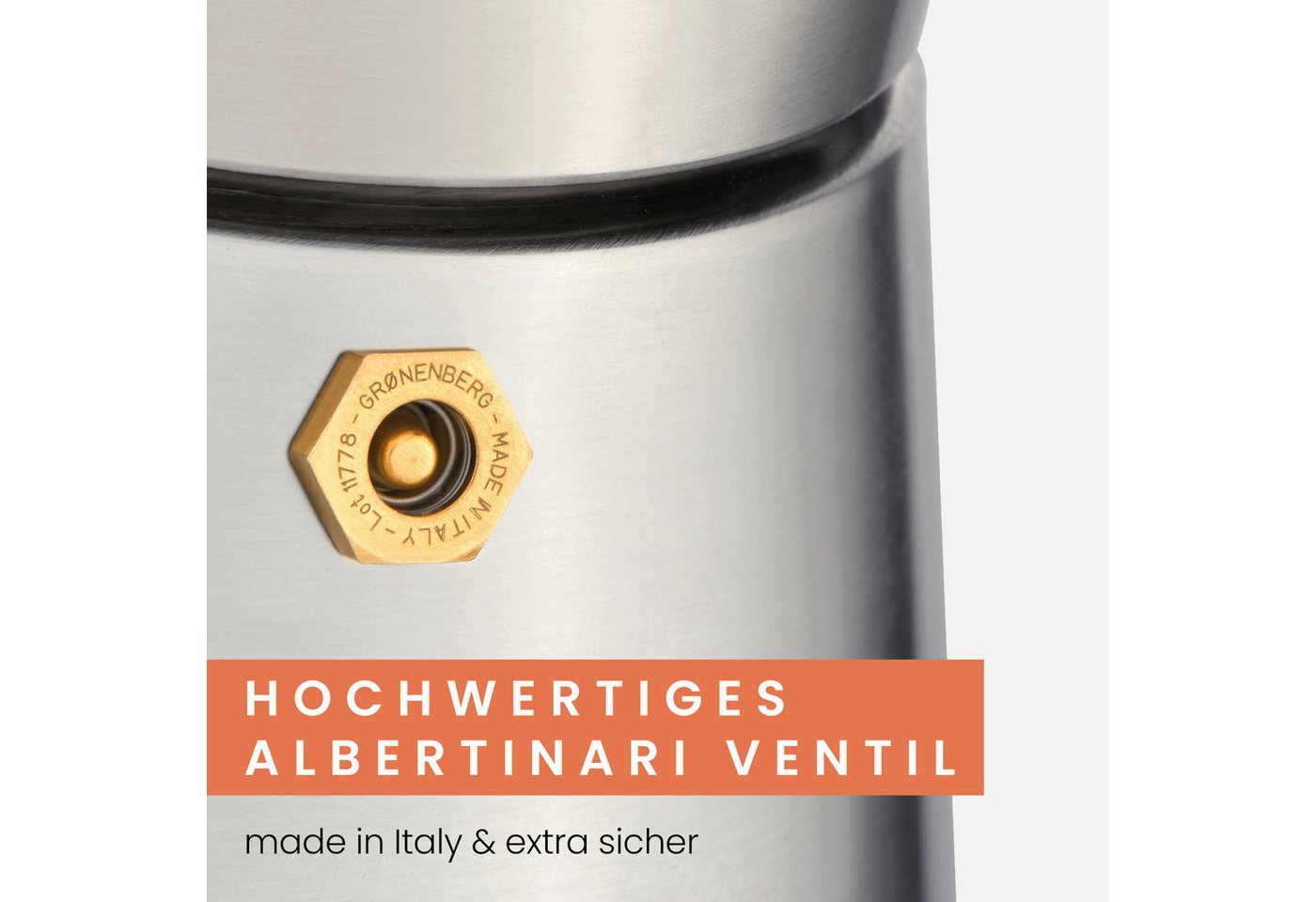 GRØNENBERG Espressokocher Induktion geeignet, Edelstahl, 4 o. 6 Tassen, 0,2l Kaffeekanne, Inkl. Reduziersieb & Ersatzdichtung, Espressokanne Aluminiumfrei & unb – Bild 4 von 5